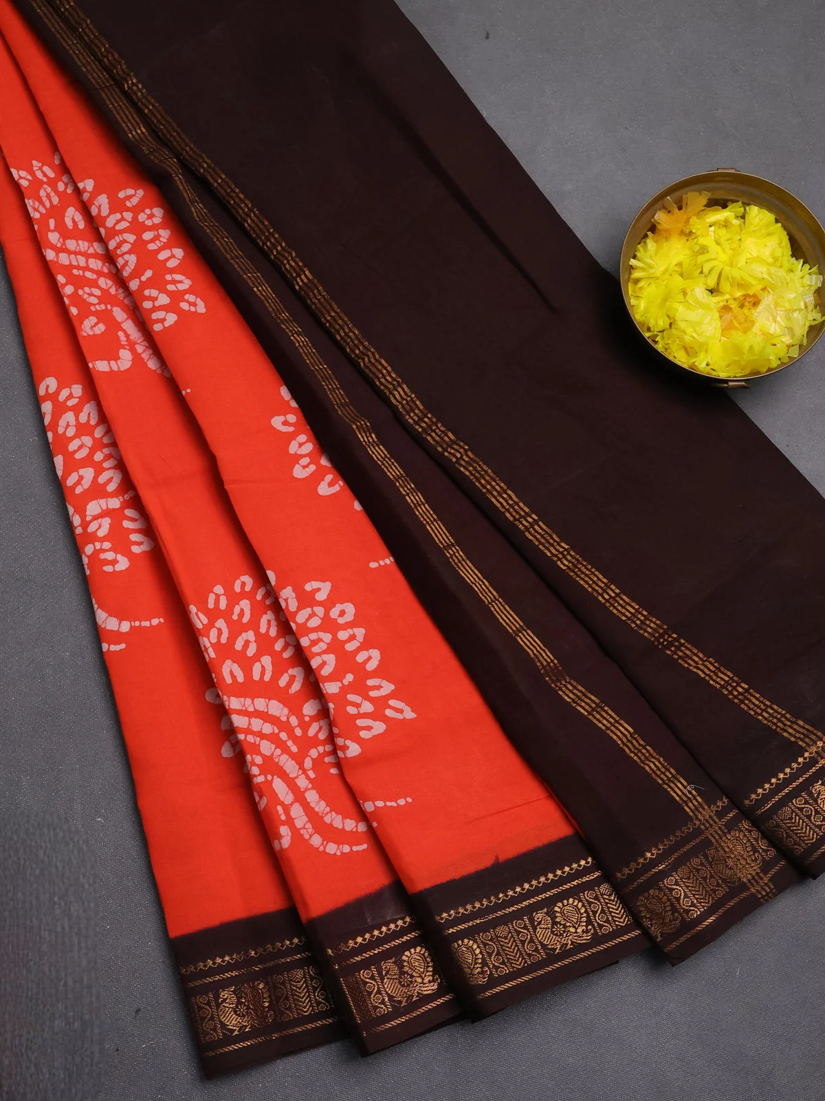 Sungudi Batik Printed Cotton Saree - Orange and Coffee Brown